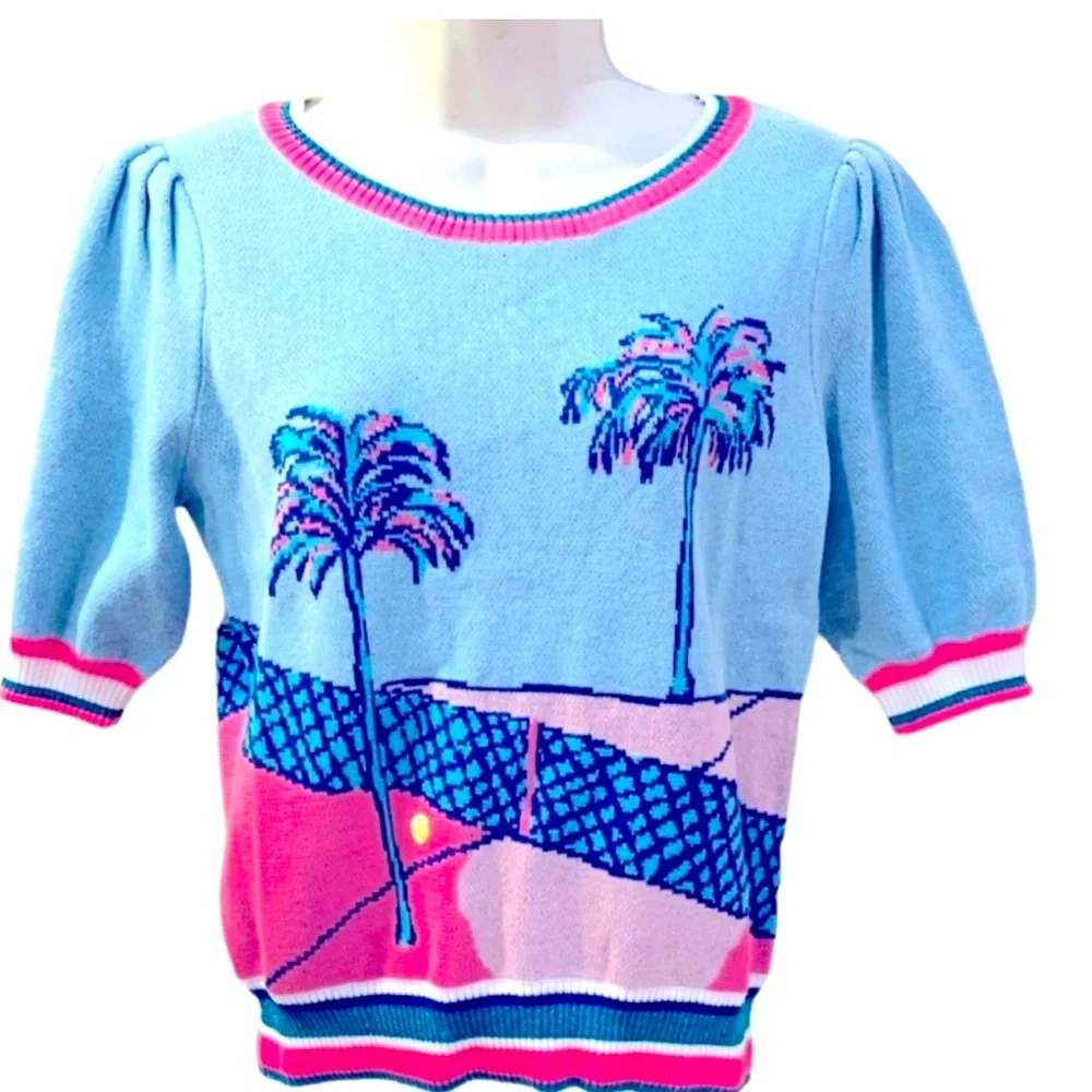 LRare Lilly Pulitzer Vivie Short Sleeve Tennis Graphic Sweater Palm Tree..